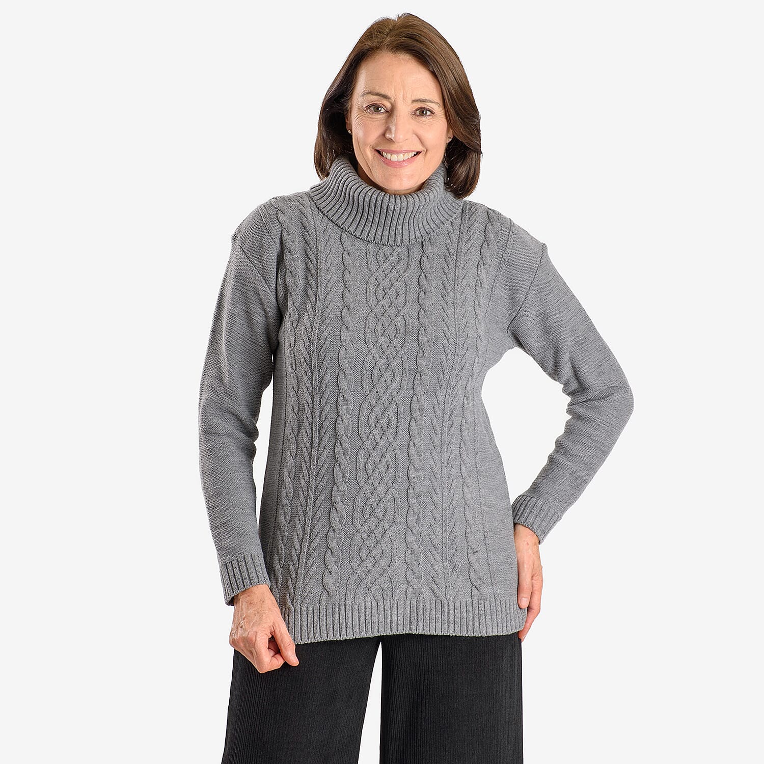 Emma Cableknit Roll Neck Pullover (Size 20 to 22) - Light Grey