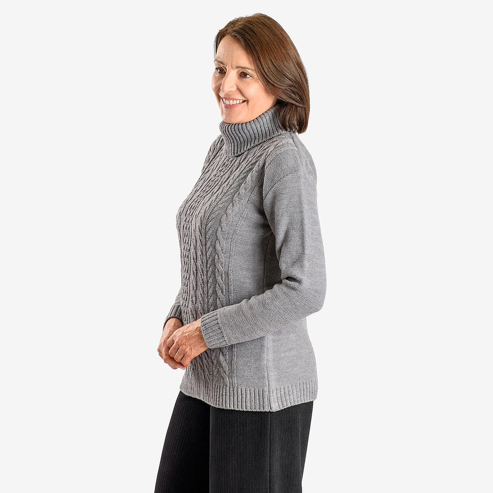 Emma Cableknit Roll Neck Pullover (Size 20 to 22) - Light Grey