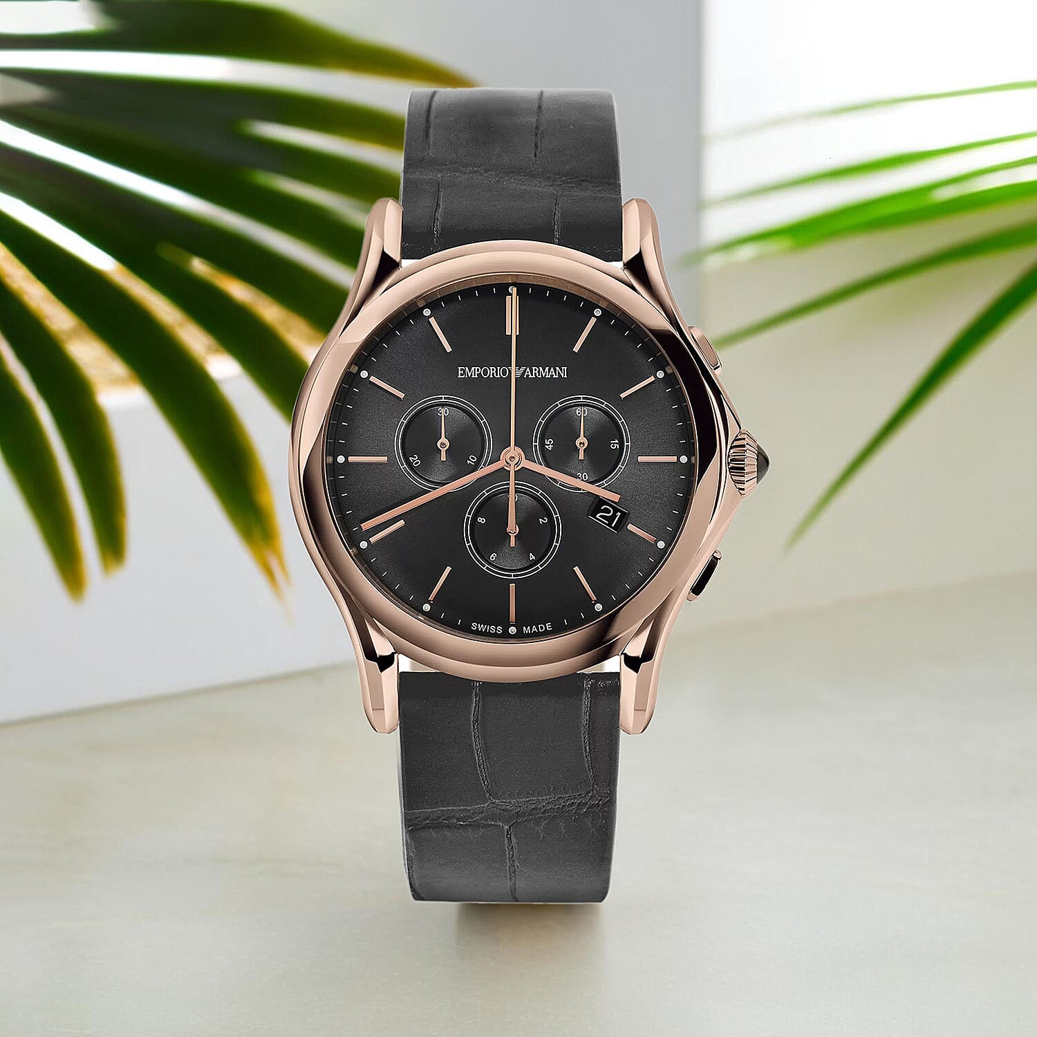 EMPORIO ARMANI SWISS MADE Quartz Movt. Black Dial Mens Watch with Black Leather Strap with DIY Watch Repair Tool Kit