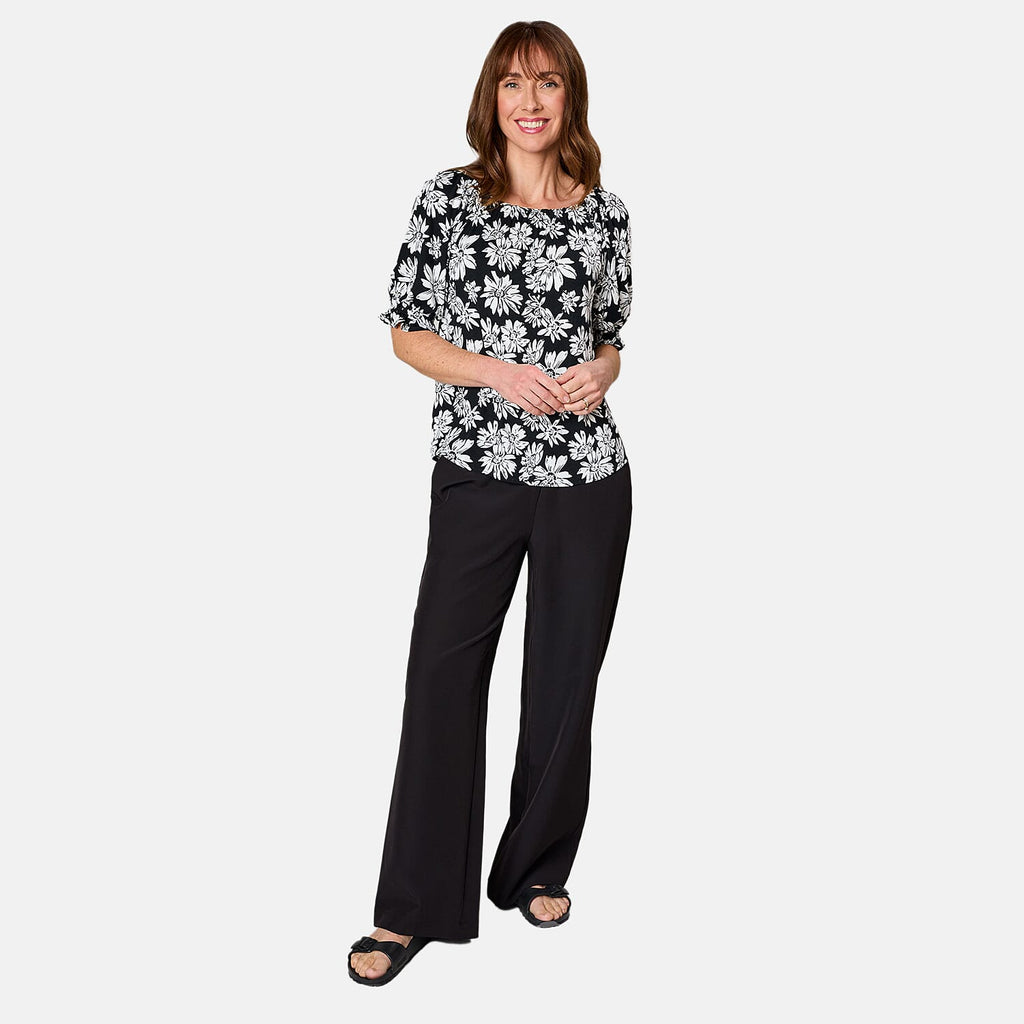 Emreco 100% Viscose Frill Sleeve Floral Top (Size 16) - Black