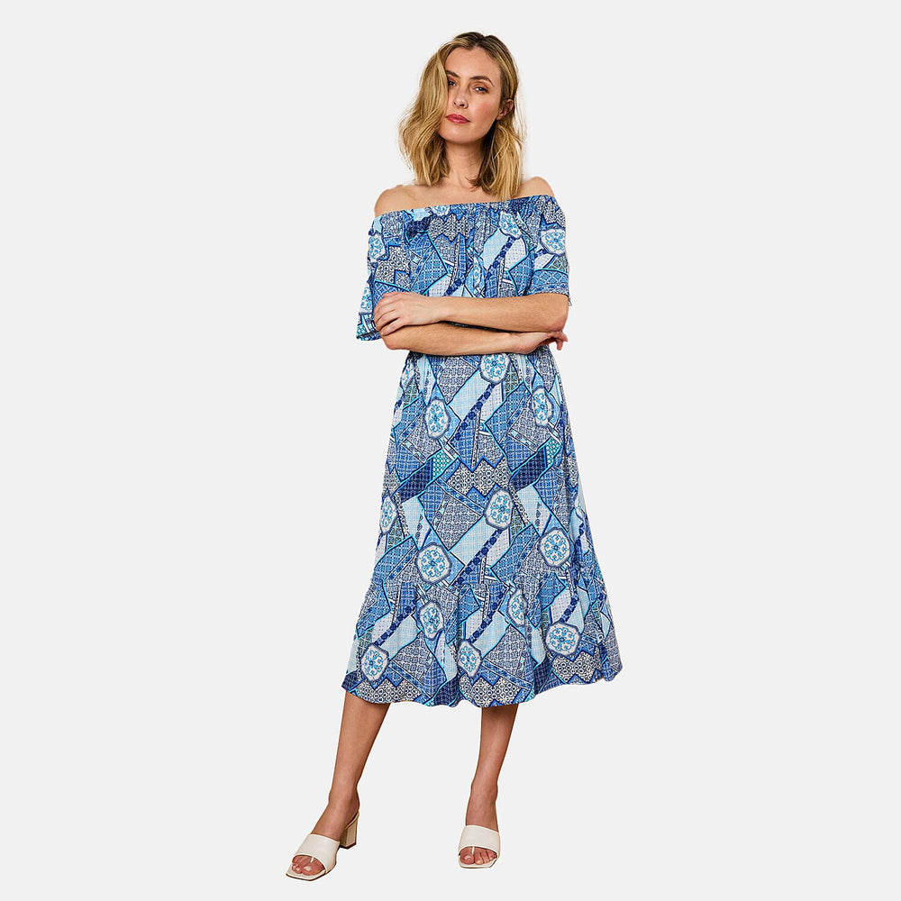 Emreco 100% Viscose Off Shoulder Print Midi Dress (Size 20) - Multi Blue