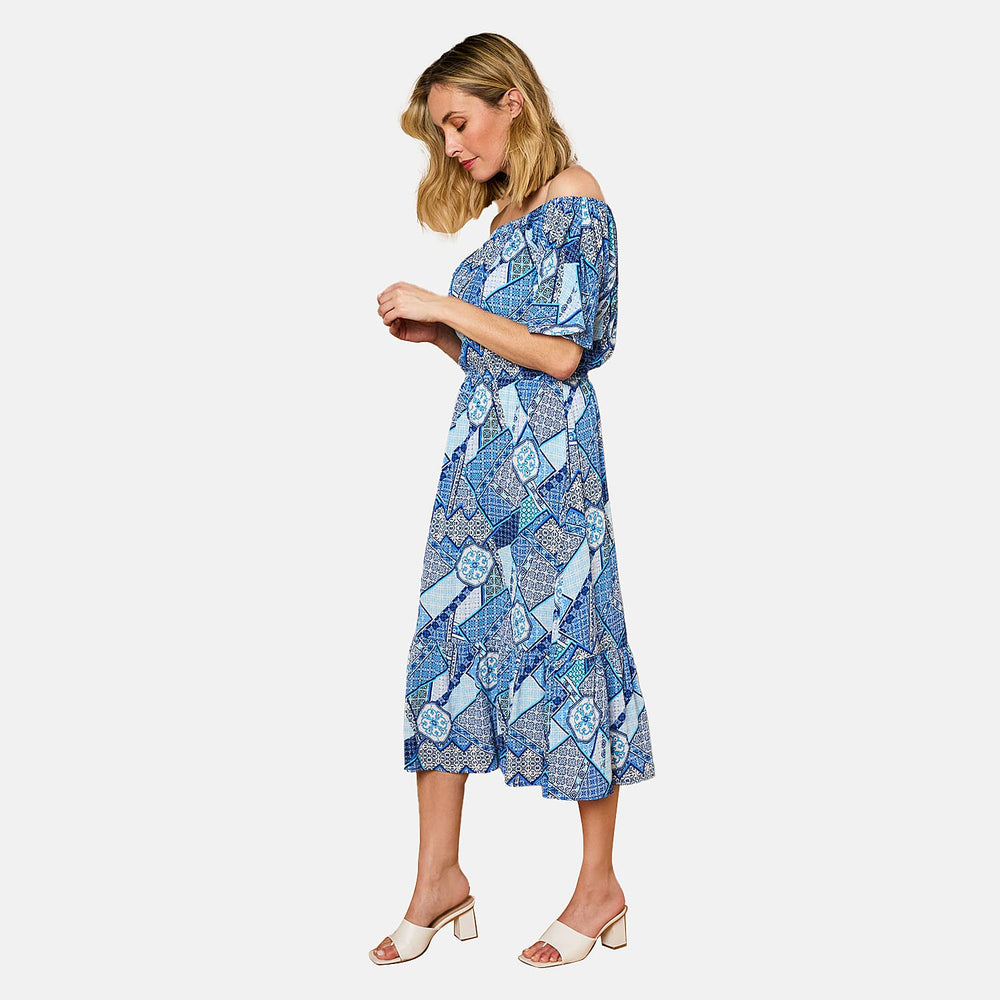 Emreco 100% Viscose Off Shoulder Print Midi Dress (Size 20) - Multi Blue