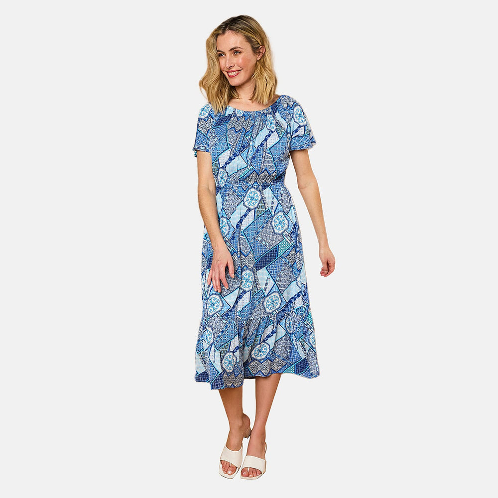 Emreco 100% Viscose Off Shoulder Print Midi Dress (Size 20) - Multi Blue