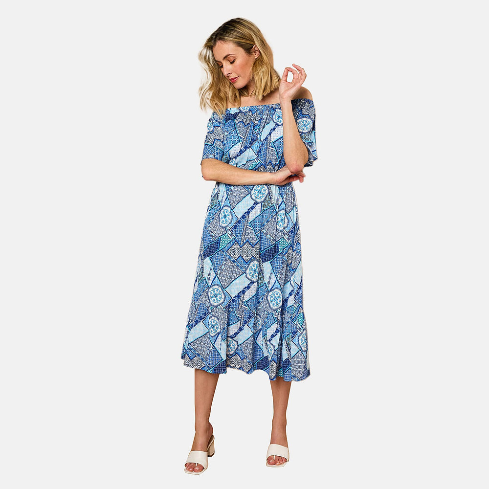 Emreco 100% Viscose Off Shoulder Print Midi Dress (Size 20) - Multi Blue