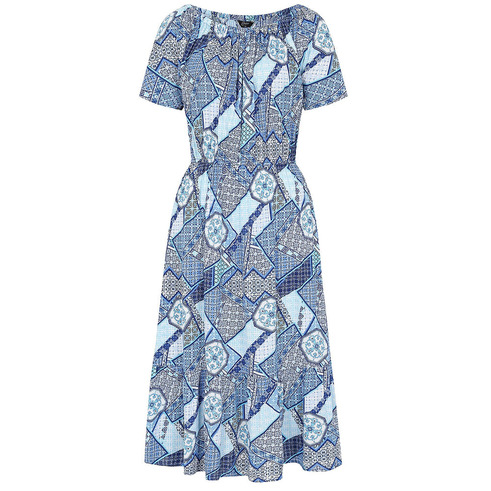Emreco 100% Viscose Off Shoulder Print Midi Dress (Size 20) - Multi Blue