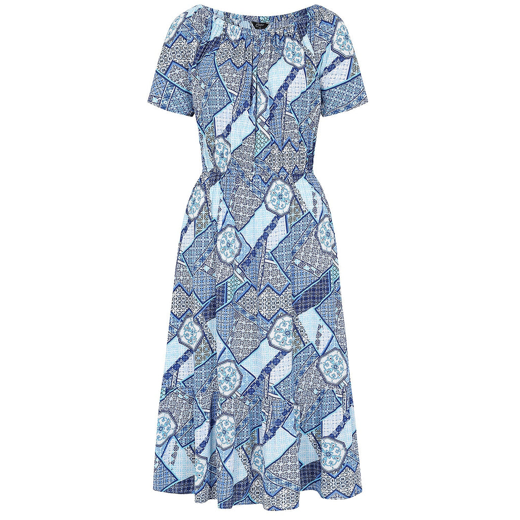 Emreco 100% Viscose Off Shoulder Print Midi Dress (Size 20) - Multi Blue