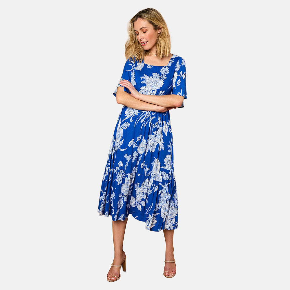 Emreco 100% Viscose Short Sleeve Floral Printed Midi Dress (Size 10) - Royal Blue