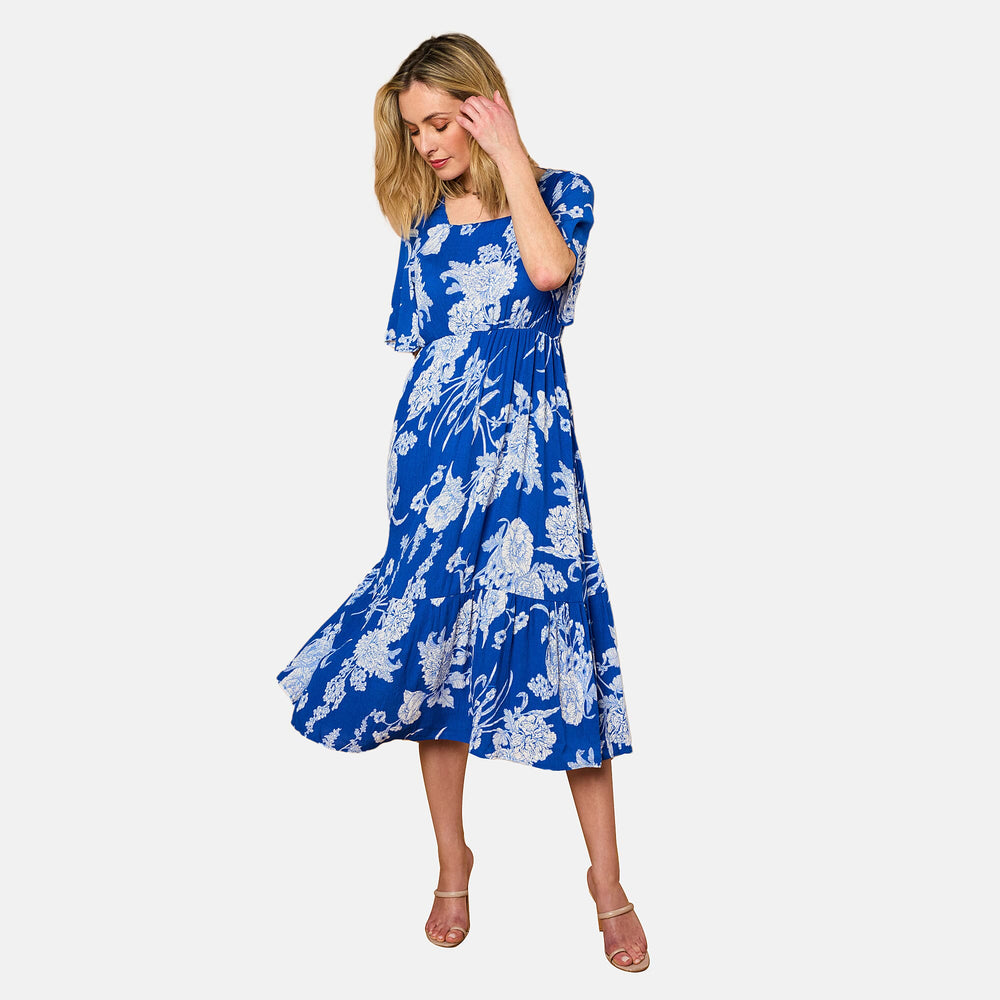 Emreco 100% Viscose Short Sleeve Floral Printed Midi Dress (Size 10) - Royal Blue