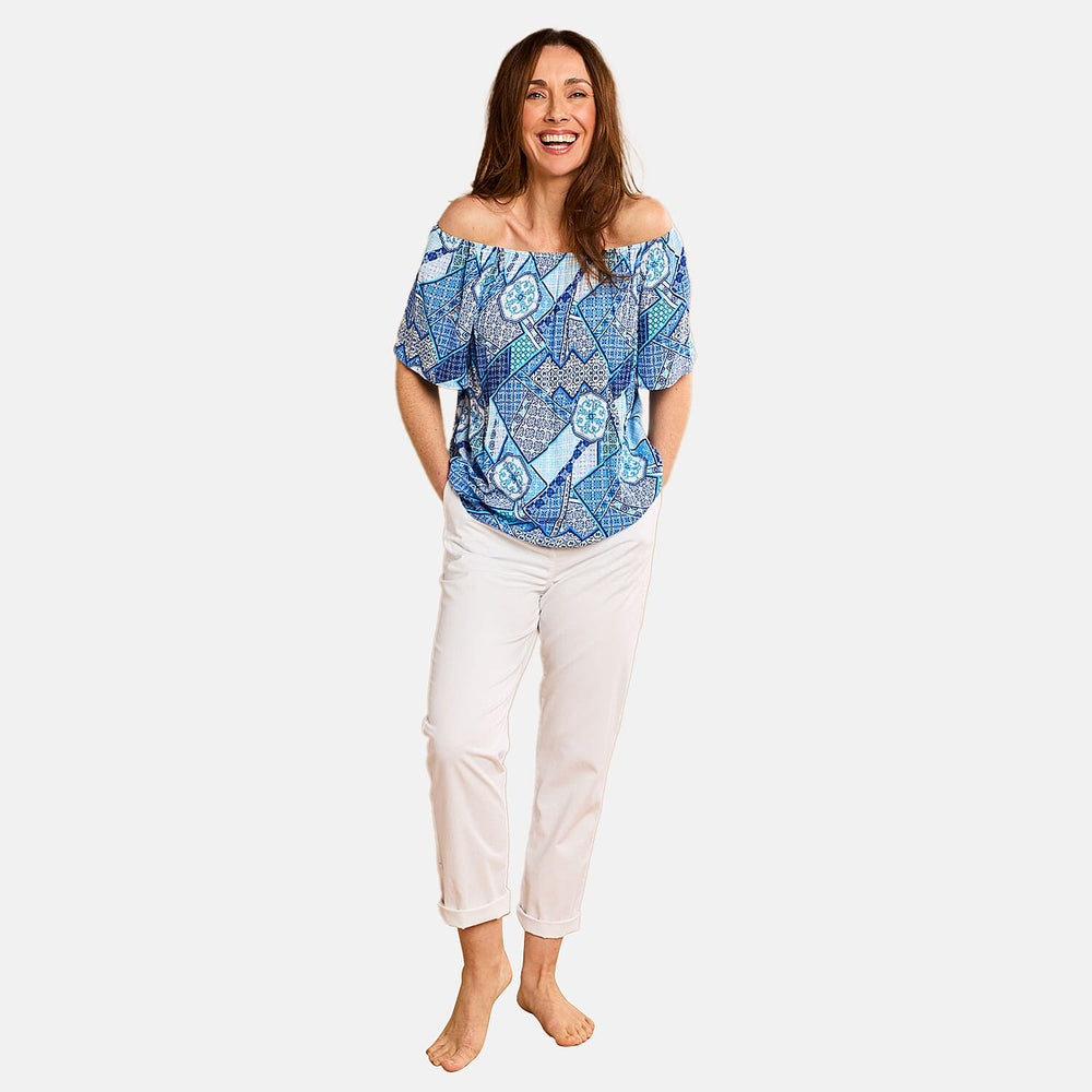 Emreco 100% Viscose Short Sleeve Print Off Shoulder Top (Size 10) - Blue