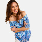 Emreco 100% Viscose Short Sleeve Print Off Shoulder Top (Size 10) - Blue