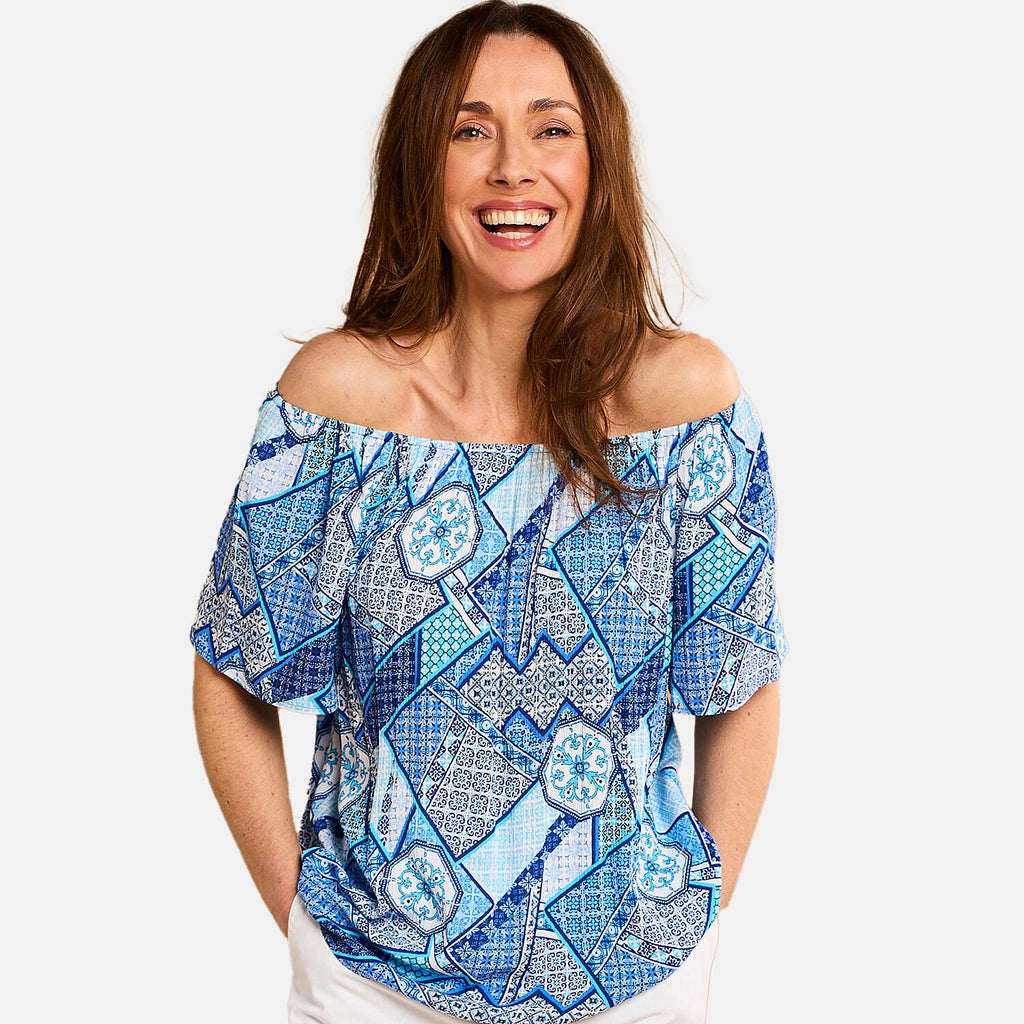 Emreco 100% Viscose Short Sleeve Print Off Shoulder Top (Size 10) - Blue
