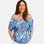 Emreco 100% Viscose Short Sleeve Print Off Shoulder Top (Size 10) - Blue