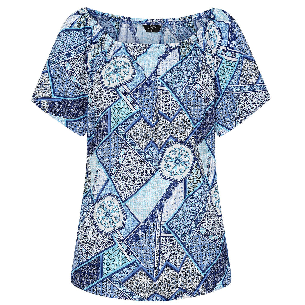 Emreco 100% Viscose Short Sleeve Print Off Shoulder Top (Size 10) - Blue