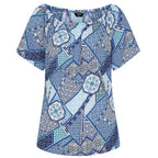 Emreco 100% Viscose Short Sleeve Print Off Shoulder Top (Size 10) - Blue