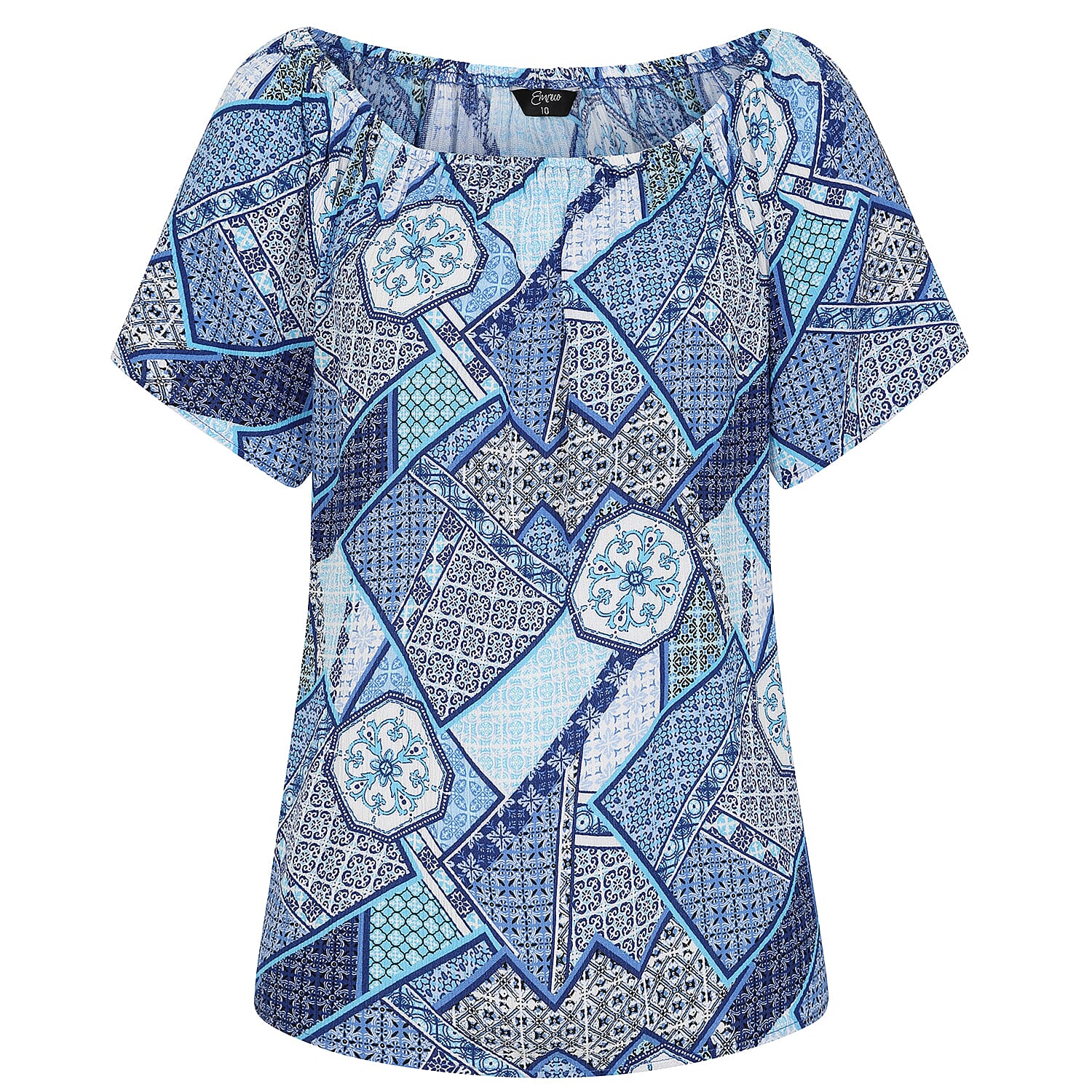 Emreco 100% Viscose Short Sleeve Print Off Shoulder Top (Size 10) - Blue