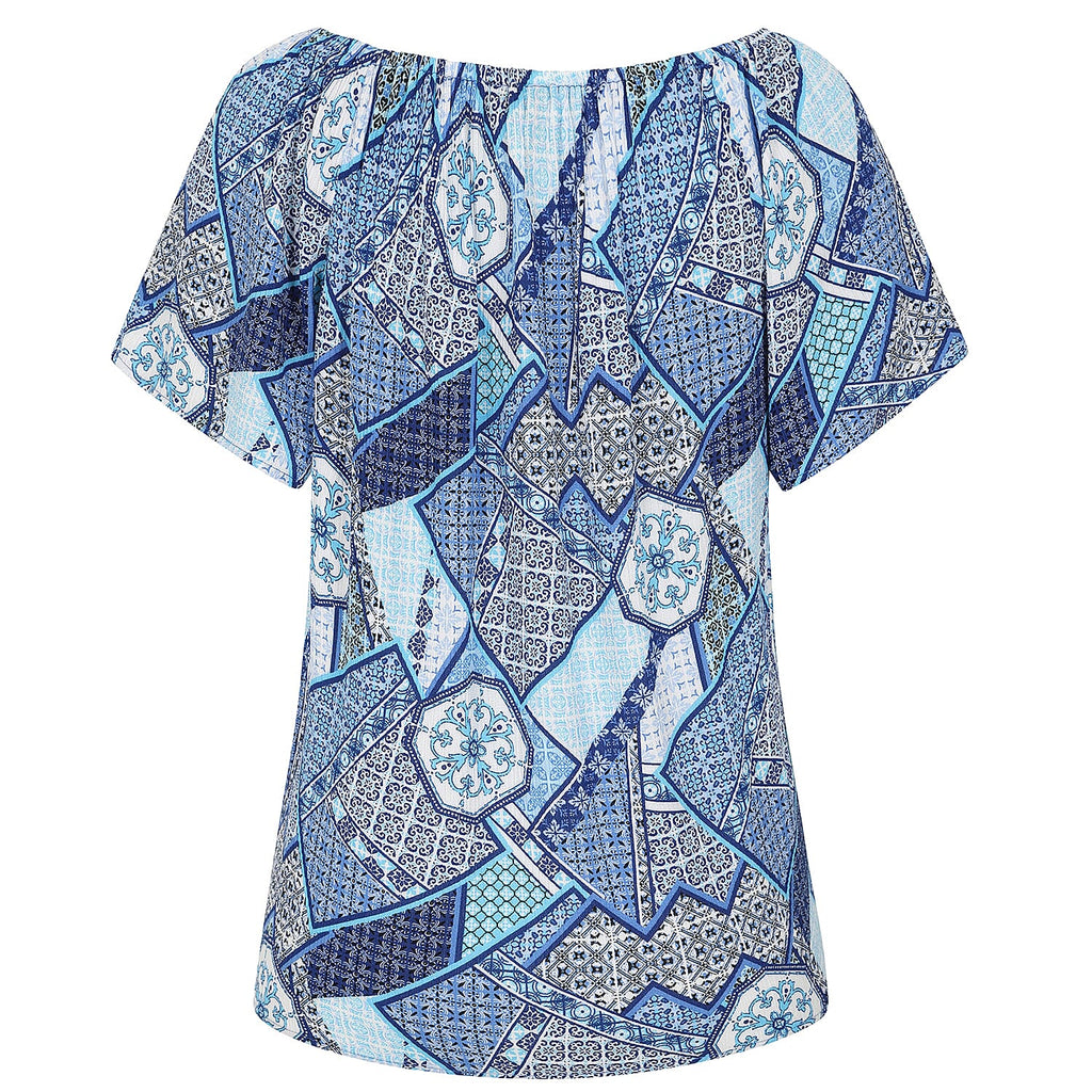 Emreco 100% Viscose Short Sleeve Print Off Shoulder Top (Size 10) - Blue