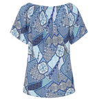 Emreco 100% Viscose Short Sleeve Print Off Shoulder Top (Size 10) - Blue