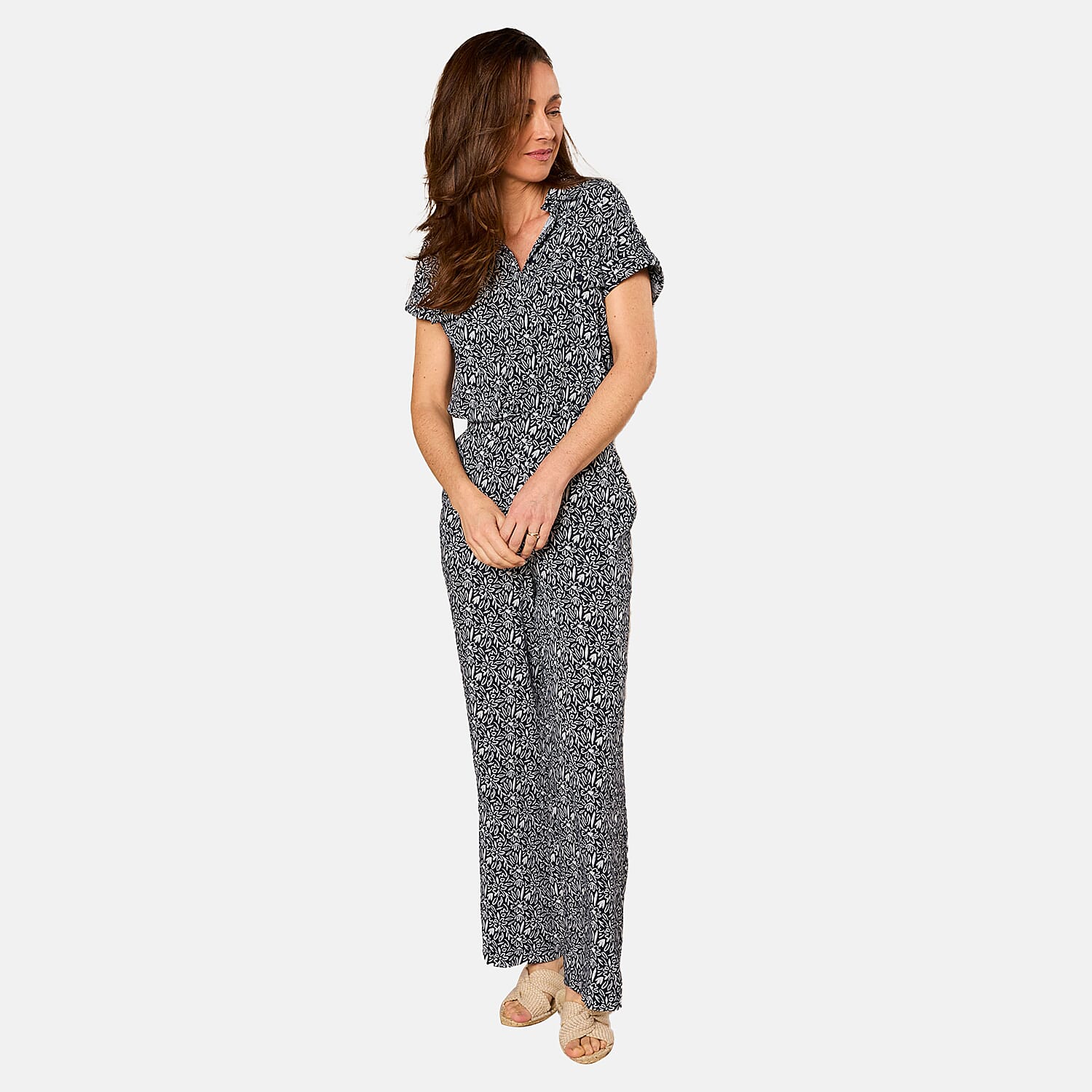 Emreco 100% Viscose Wide Leg Print Trouser (Size 18) - Navy