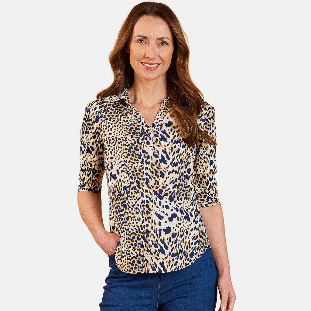 Emreco 3-4 Sleeve Print Mandarin Collar Blouse (Size 20) - Brown