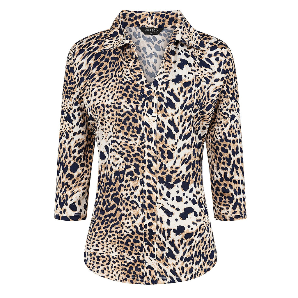 Emreco 3-4 Sleeve Print Mandarin Collar Blouse (Size 20) - Brown