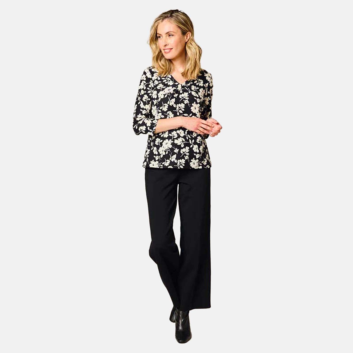 Emreco 3-4 Sleeve V Neck Floral Print Knitted Top (Size - 12) - Black White