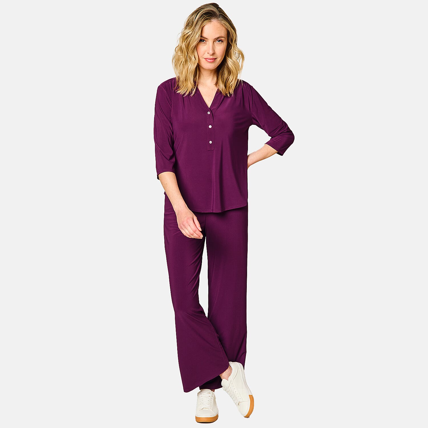 Emreco 3-4 Sleeves Plain Mandarin Collar Blouse (Size 16) - Berry
