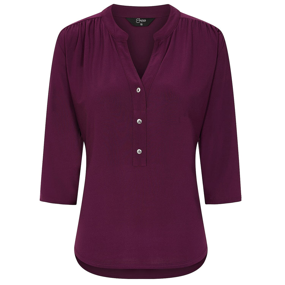 Emreco 3-4 Sleeves Plain Mandarin Collar Blouse - Berry