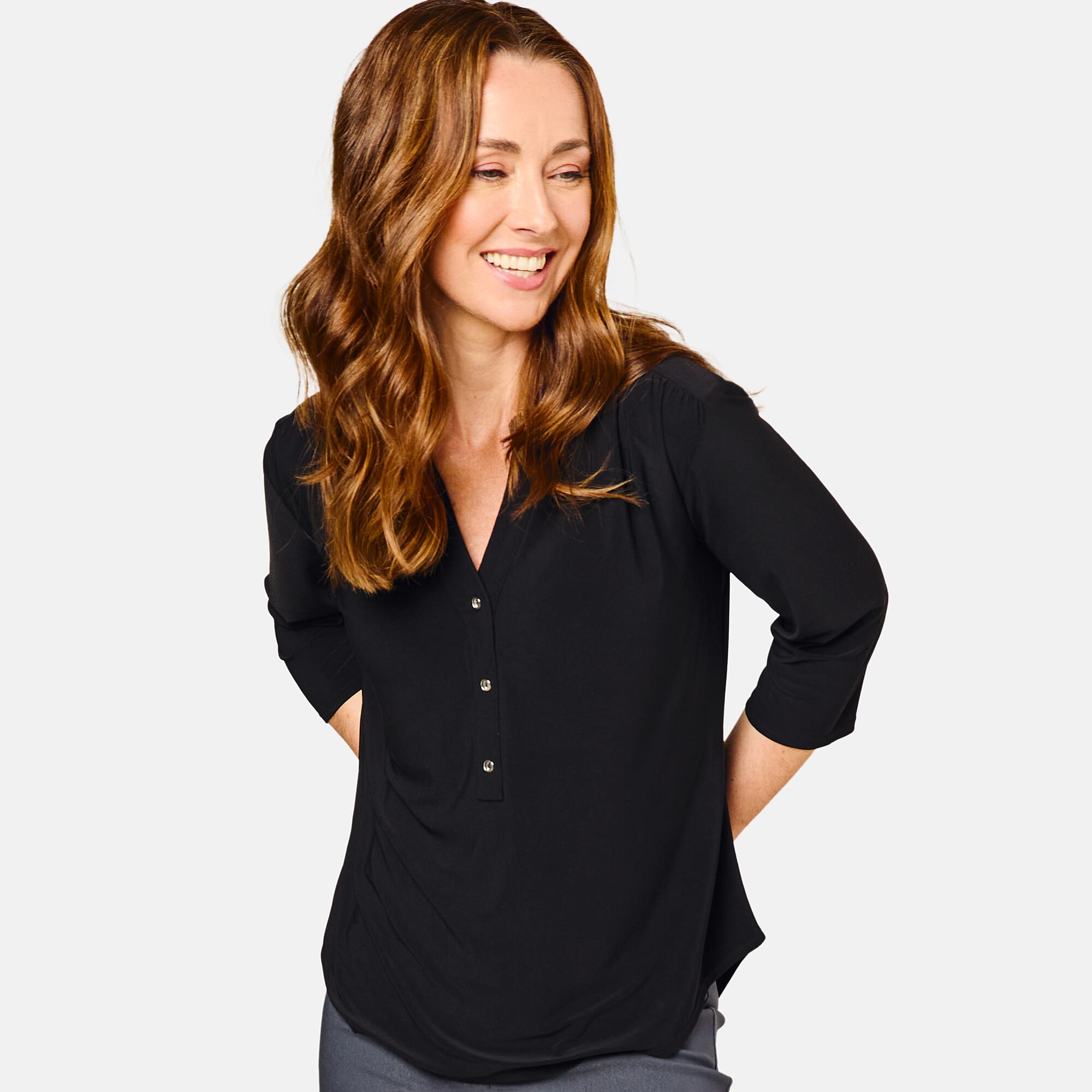 Emreco 3-4 Sleeves Plain Mandarin Collar Blouse - Black