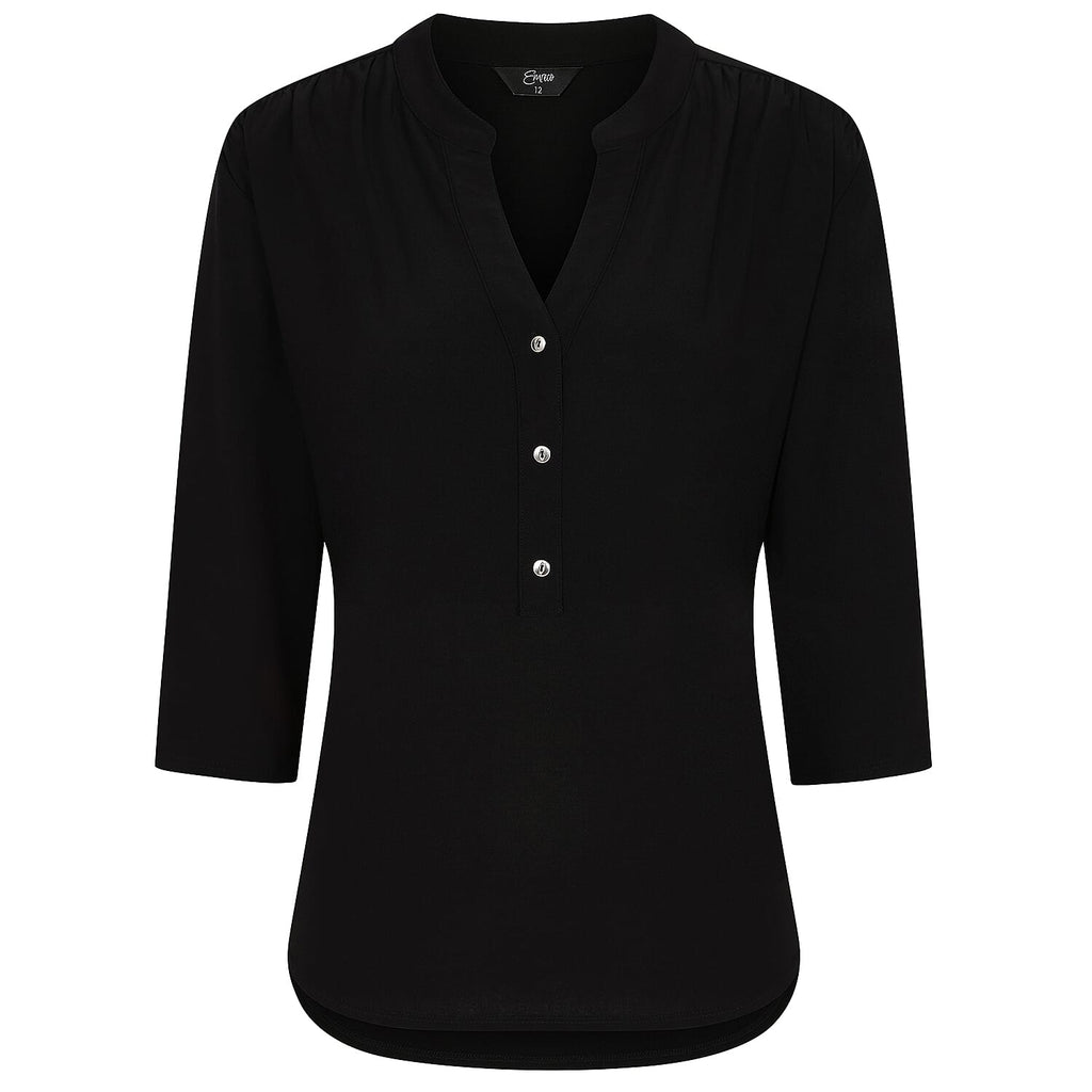 Emreco 3-4 Sleeves Plain Mandarin Collar Blouse - Black