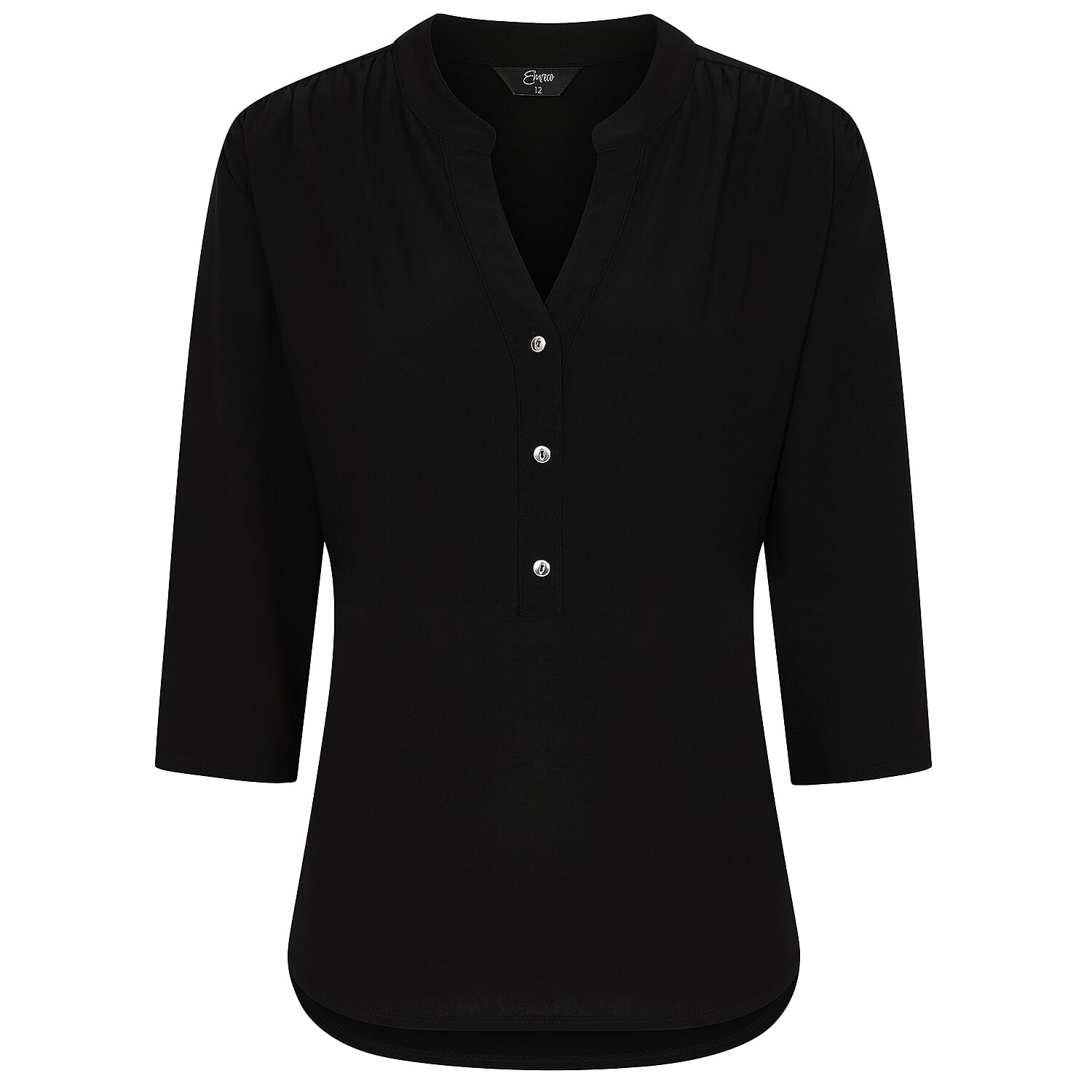 Emreco 3-4 Sleeves Plain Mandarin Collar Blouse - Black