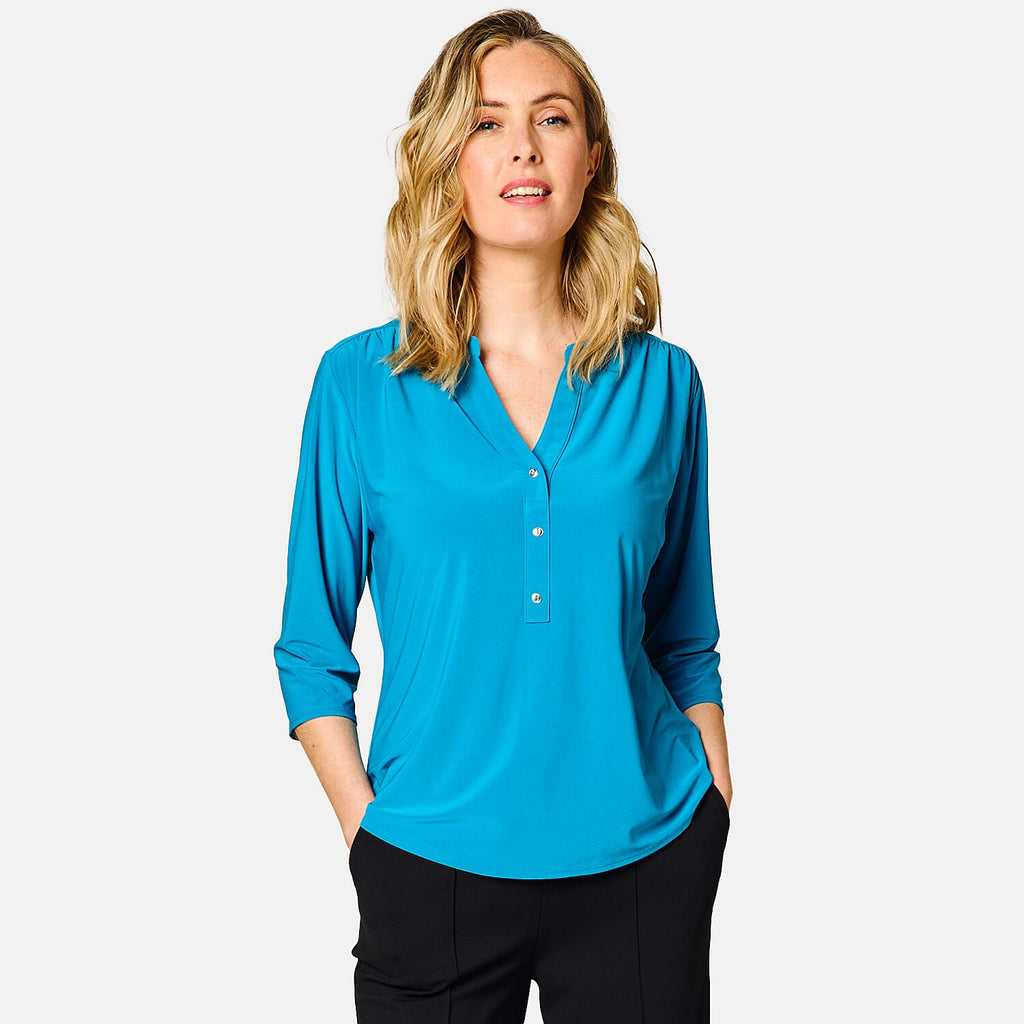 Emreco 3-4 Sleeves Plain Mandarin Collar Blouse (Size 10) - Teal