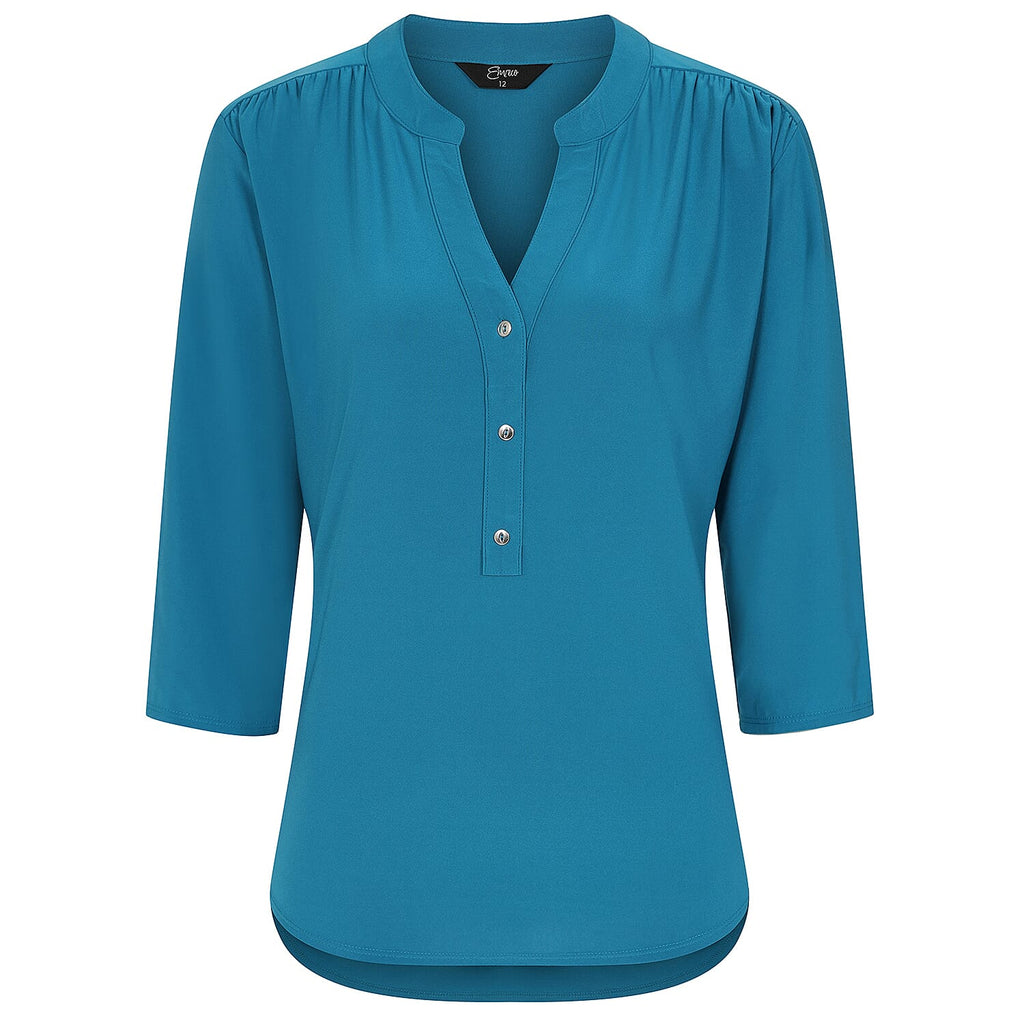Emreco 3-4 Sleeves Plain Mandarin Collar Blouse (Size 10) - Teal