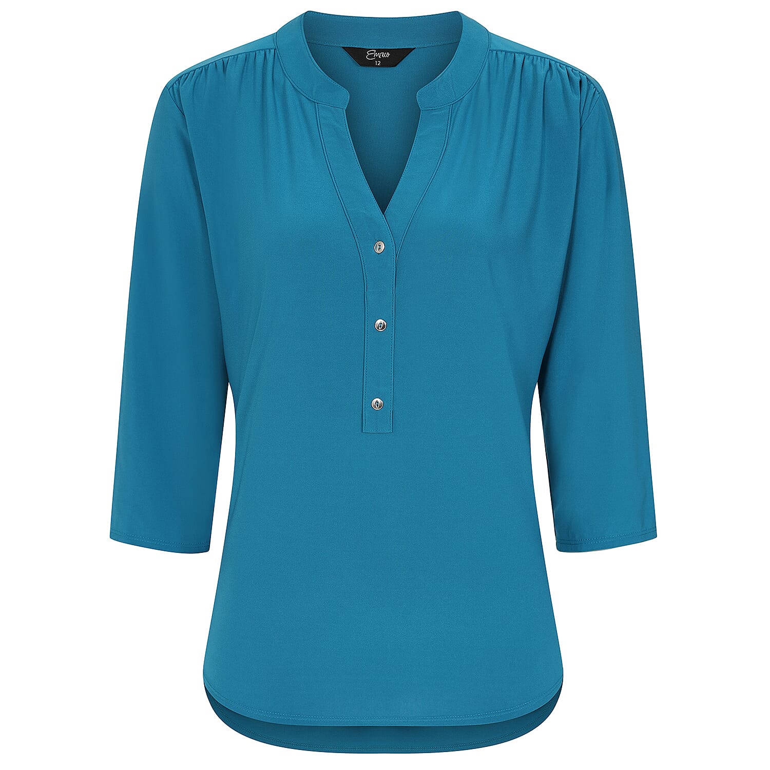 Emreco 3-4 Sleeves Plain Mandarin Collar Blouse (Size 10) - Teal