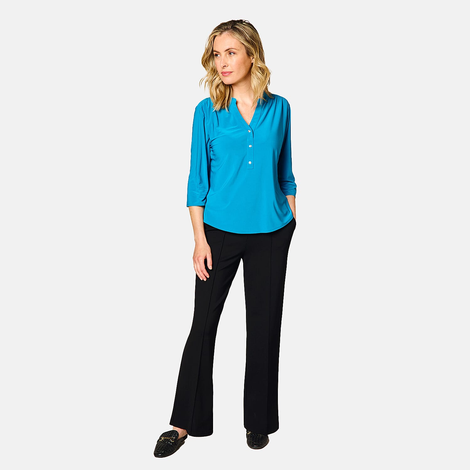Emreco 3-4 Sleeves Plain Mandarin Collar Blouse (Size 10) - Teal