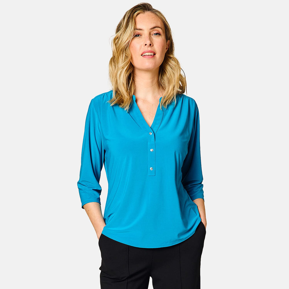 Emreco 3-4 Sleeves Plain Mandarin Collar Blouse - Teal