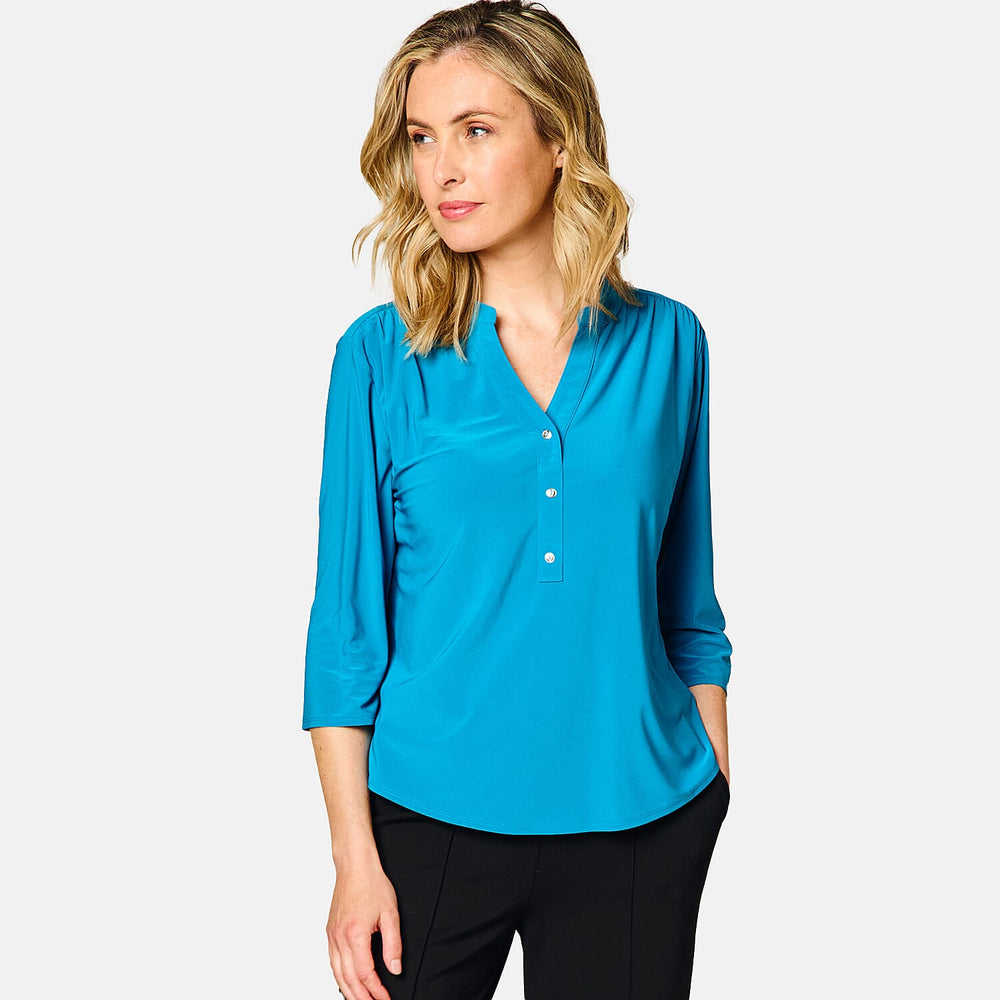 Emreco 3-4 Sleeves Plain Mandarin Collar Blouse - Teal