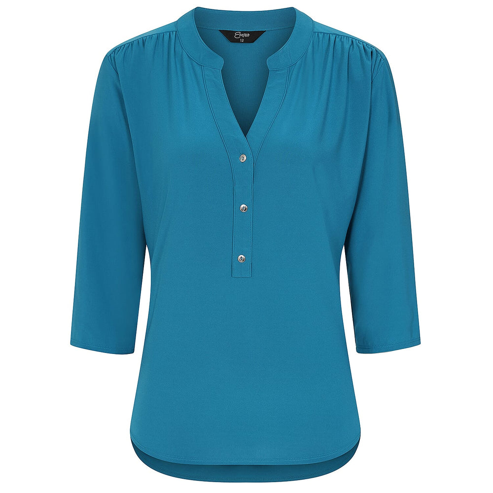 Emreco 3-4 Sleeves Plain Mandarin Collar Blouse - Teal