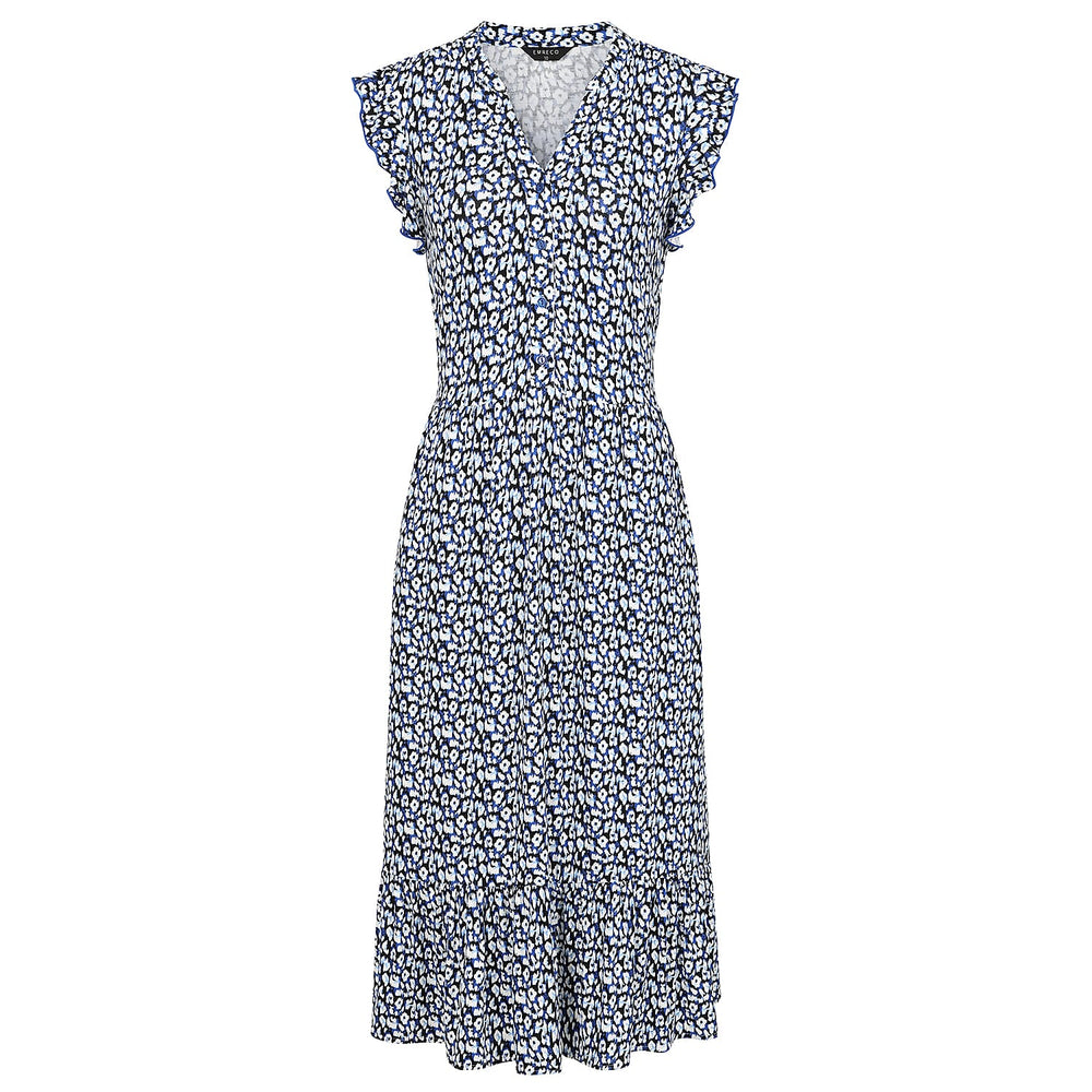 Emreco Abstract Animal Print V-Neck Sleeveless Tie Waist Ruffle Armhole Tiered Midi Dress (Size 14)