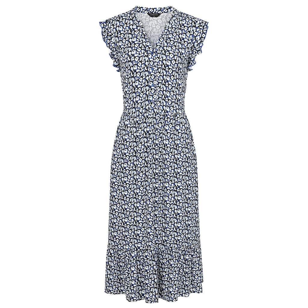 Emreco Abstract Animal Print V-Neck Sleeveless Tie Waist Ruffle Armhole Tiered Midi Dress (Size 14)