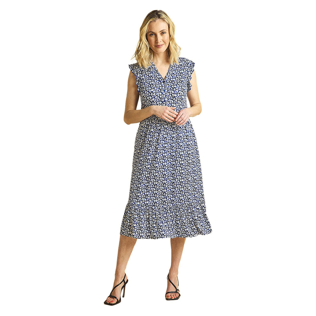 Emreco Abstract Animal Print V-Neck Sleeveless Tie Waist Ruffle Armhole Tiered Midi Dress (Size 14)