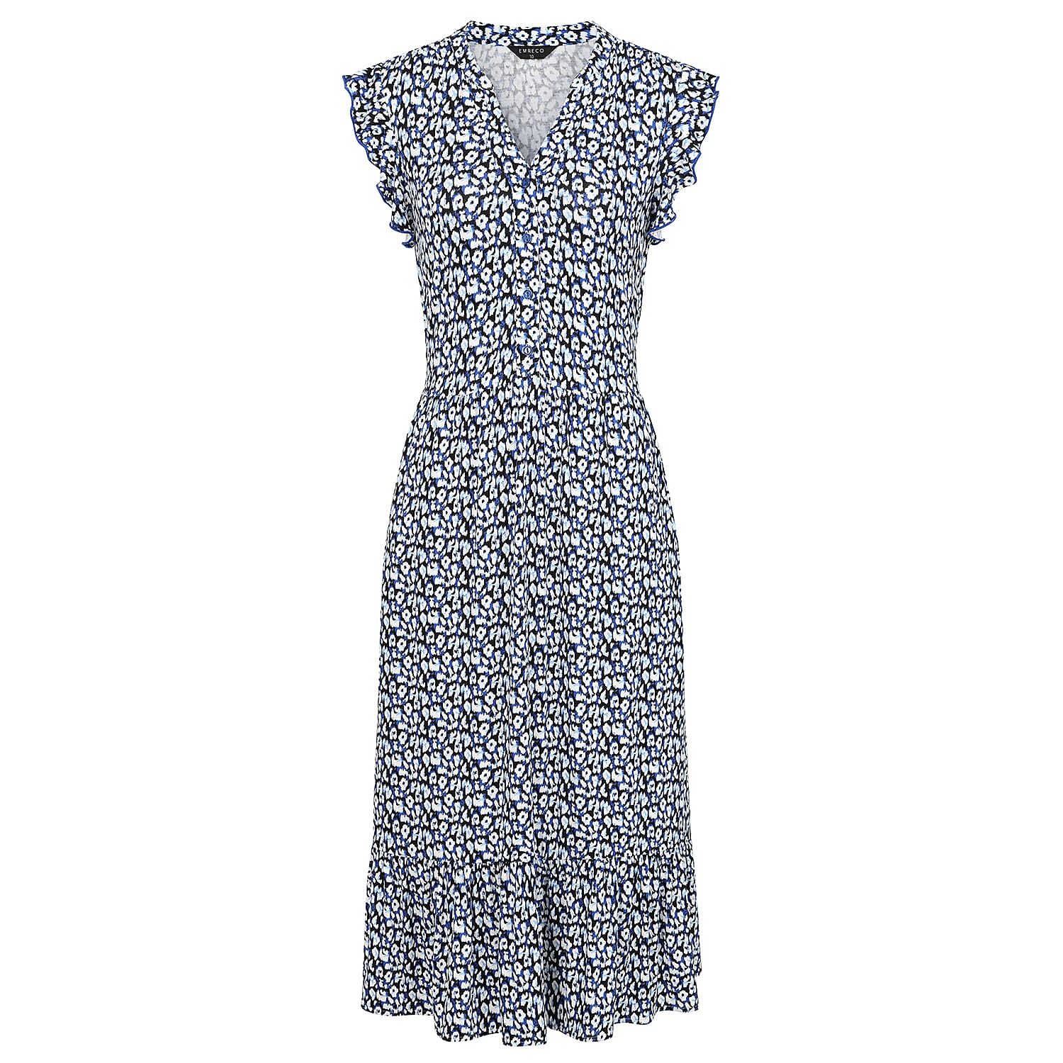 Emreco Abstract Animal Print V-Neck Sleeveless Tie Waist Ruffle Armhole Tiered Midi Dress (Size 16)