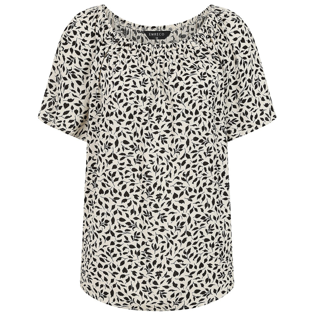 Emreco Short Sleeve Ivory Leaf Print Off-Shoulder Top (Size 14)