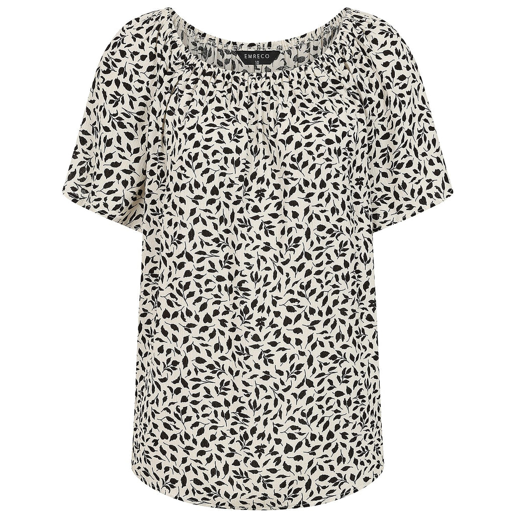 Emreco Short Sleeve Ivory Leaf Print Off-Shoulder Top (Size 14)