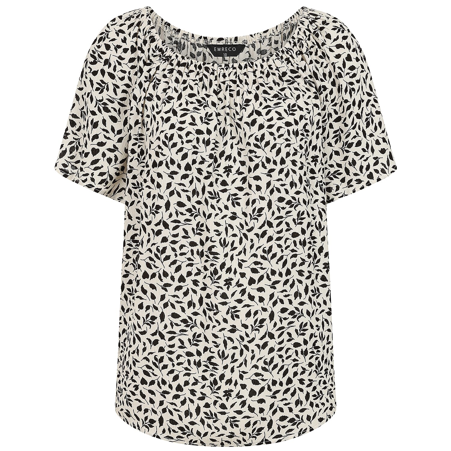 Emreco Short Sleeve Ivory Leaf Print Off-Shoulder Top (Size 14)