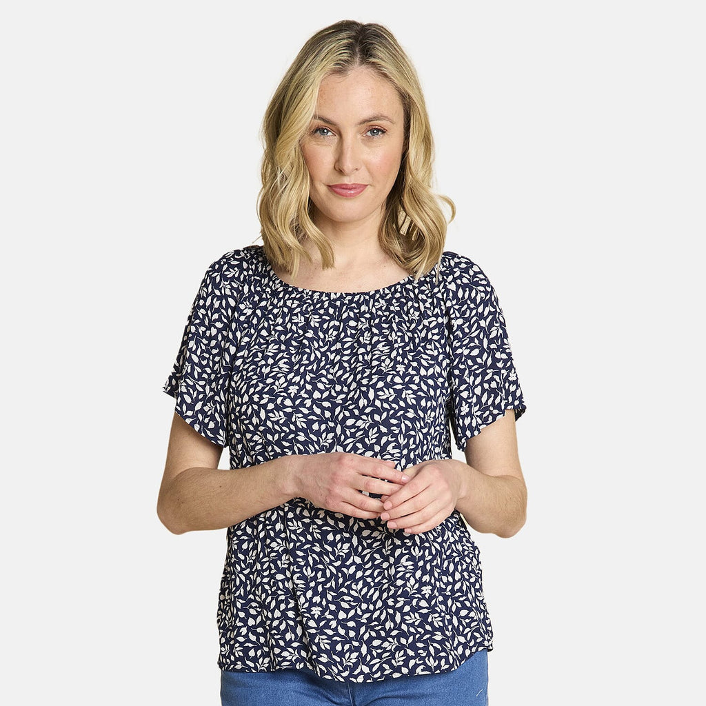 Emreco Casual Leaf Print Top - Short Sleeve & Versatile Off-Shoulder Style (Size 14) - Navy