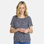 Emreco Casual Leaf Print Top - Short Sleeve & Versatile Off-Shoulder Style (Size 14) - Navy