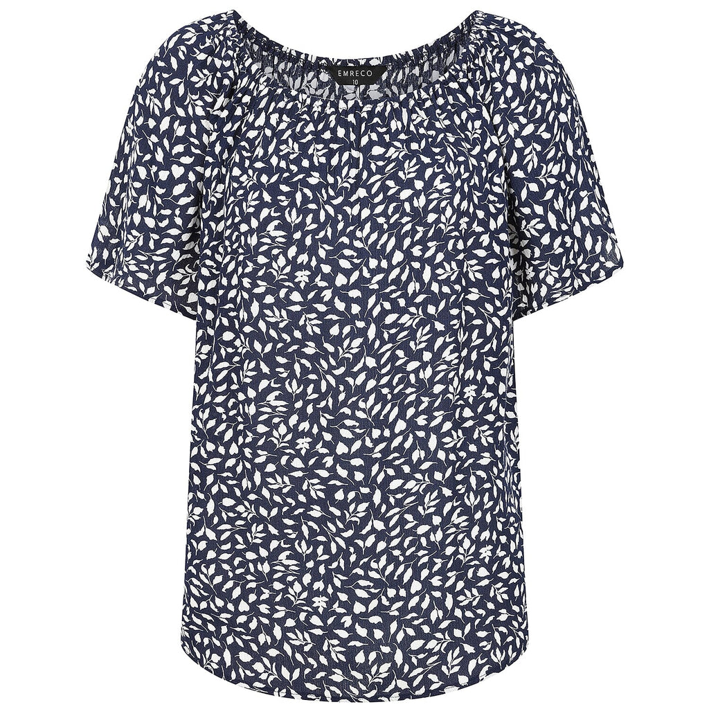 Emreco Casual Leaf Print Top - Short Sleeve & Versatile Off-Shoulder Style (Size 14) - Navy