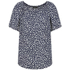 Emreco Casual Leaf Print Top - Short Sleeve & Versatile Off-Shoulder Style (Size 14) - Navy
