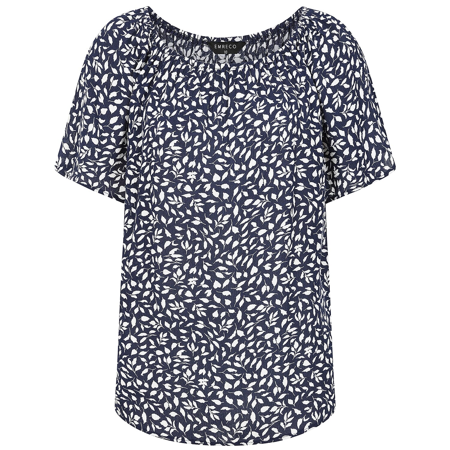 Emreco Casual Leaf Print Top - Short Sleeve & Versatile Off-Shoulder Style (Size 14) - Navy