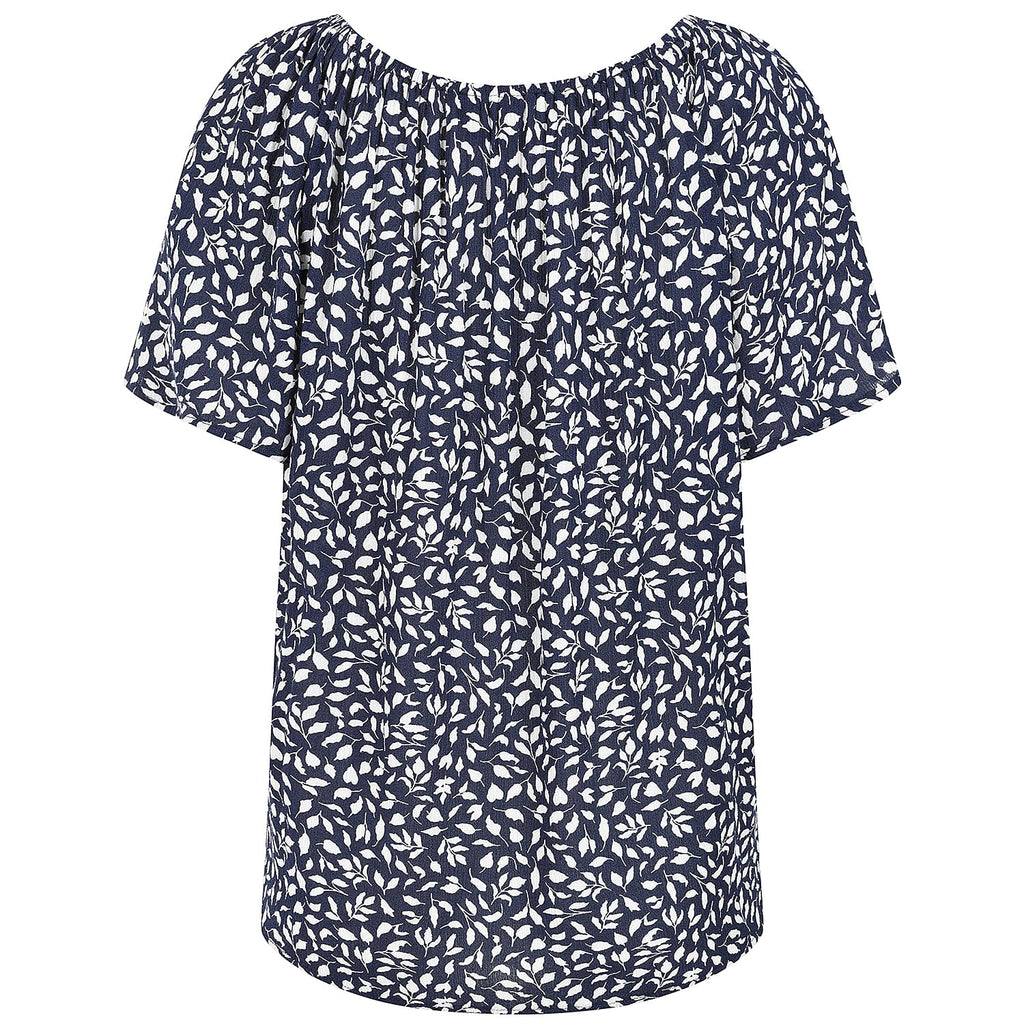 Emreco Casual Leaf Print Top - Short Sleeve & Versatile Off-Shoulder Style (Size 14) - Navy